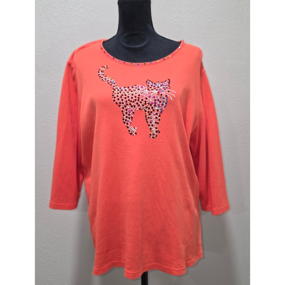 Quacker Factory Coral Orange Rhinestone Cat Top 3/4 Sleeve Cotton Plus Size 1X